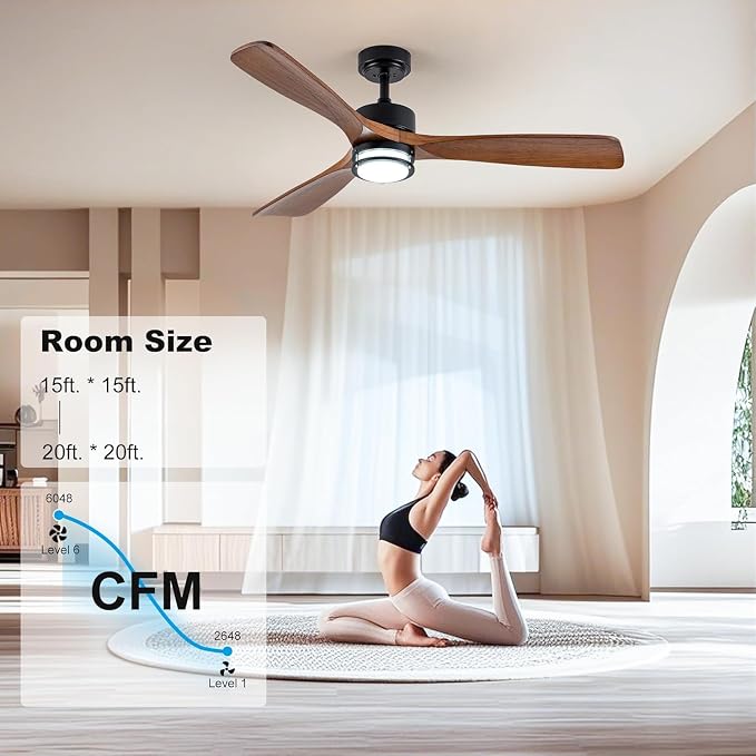 52” Outdoor Ceiling Fan with Light, 3 Walnut Solid Wood Blade, Remote Control, 3CCT Dimmable LED, Timer, 6-Speed Reversible Motor All-Weather Use for Living Room or Patio
