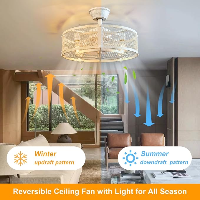 Depuley Farmhouse Ceiling Fans with Lights: Cement Flush Mount Caged Ceiling Fans Light Fixture for Dining Room - Modern Rustic Fandelier Low Profile Ceiling Fan with Remote for Kitchen Bedroom