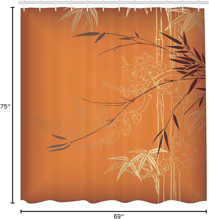 Ambesonne Asian Themed Shower Curtain, Ethnic Branches and Flowers Illustration Eastern Nature Theme, Cloth Fabric Bathroom Decor Set with Hooks, 69" W x 75" L, Orange Yellow and Brown