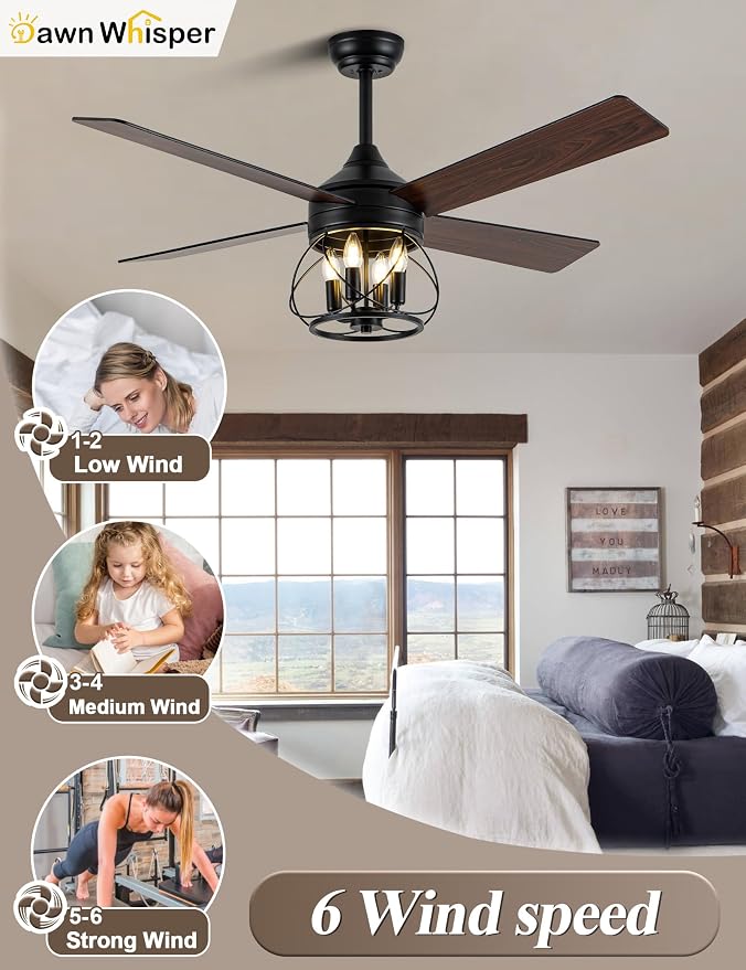 Dawn Whisper 52 Inch Rustic Farmhouse Ceiling Fans with Lights and Remote Quiet and Reversible DC Motor Black Industrial Caged Ceiling Fan for Bedroom Living Room