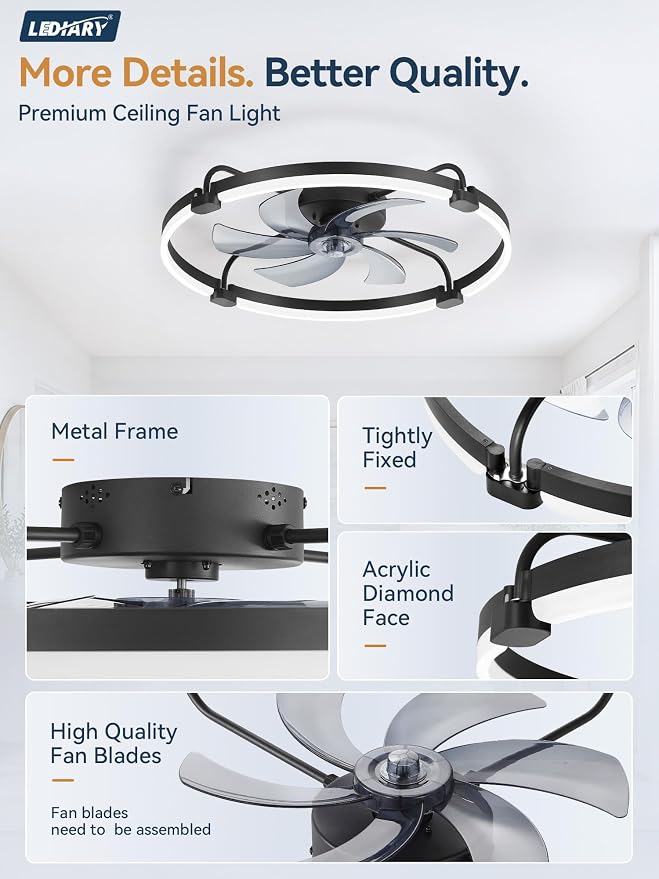LEDIARY 26" Ceiling Fans with Lights and Remote, Low Profile,Large, Black | 3000K-6000K Stepless Dimmable Fandelier, Reversible DC Motor, Remote and APP Control, Bedroom Kitchen Living Room