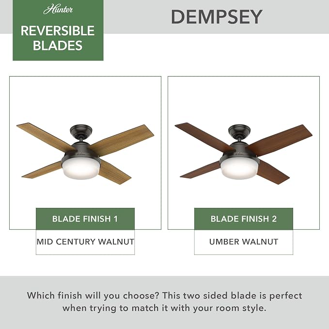 Hunter 44 inch Indoor Ceiling Fan with LED Light and Remote Control - Bronze Modern Ceiling Fan, Standard Mount, 4 Blades, For Bedroom, Living Room, or Kitchen - Dempsey 59444, Noble Bronze