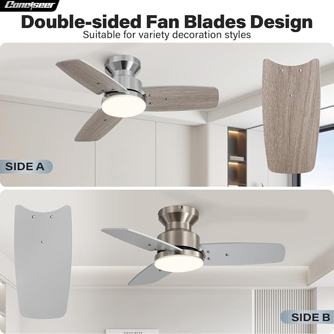 42 Inch Ceiling Fans with Lights and Remote, Bedroom Living Room Office, Flush Mount, 6CCT Dimmable, Dual Color 3 Blades 6 Speed Reversible Quiet DC Motor, Chrome-Plated/Wood Grain, 2 Pack