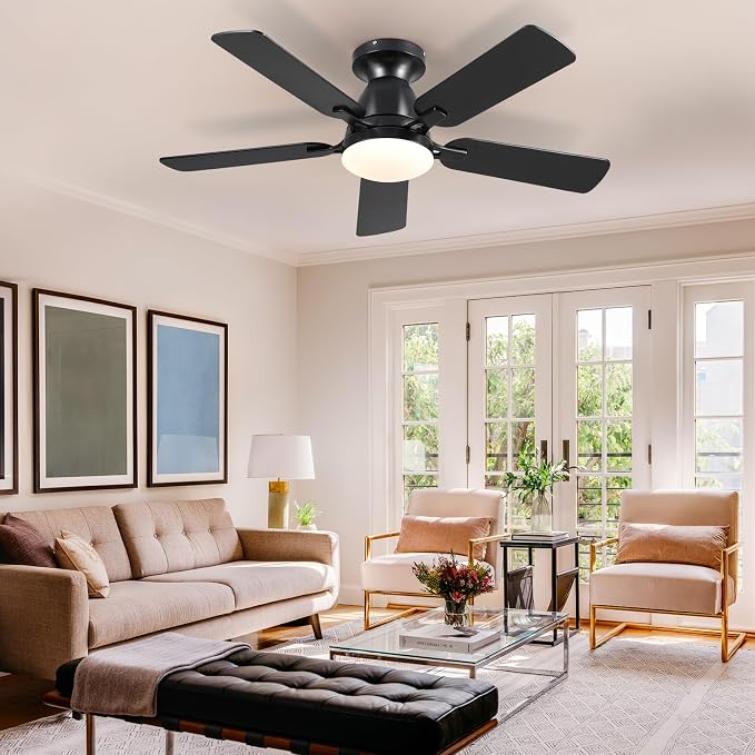 Mpayel 46 Inch Ceiling Fans with Lights and Remote, Black Ceiling Fan with Light Flush Mount, Low Noise, Reversible, Dimmable, Modern Low Profile Ceiling Fan with Light for Bedroom Indoor Outdoor