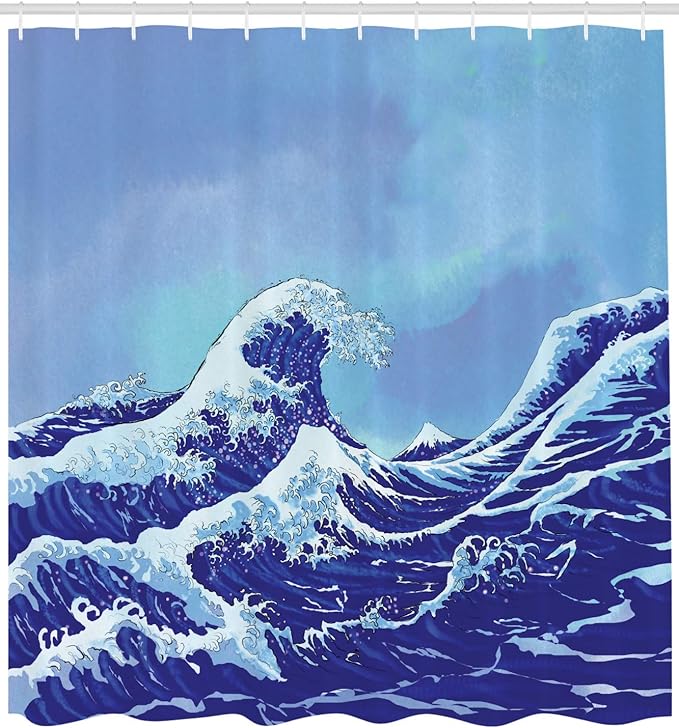 Ambesonne Kanagawa Shower Curtain, Big Tsunami in The Ocean Blue Sky Japanese Nature Sea Waves Art, Cloth Fabric Bathroom Decor Set with Hooks, 69" W x 70" L, Blue Navy