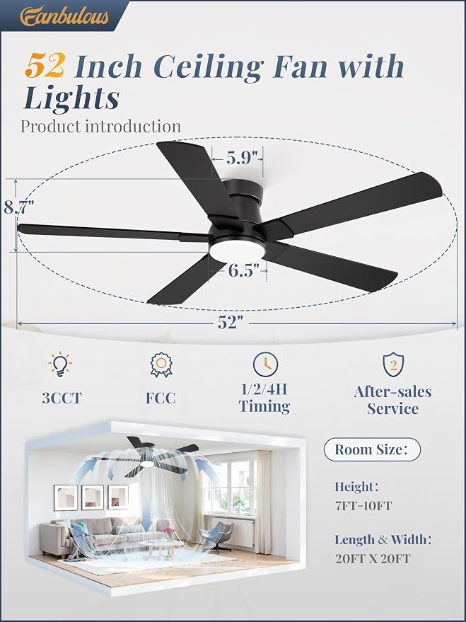 Fanbulous 52” Ceiling Fans with Lights and Remote, Flush Mount Ceiling Fan | Low Profile,Black Modern Ceiling Fan with LED Light, 5 Blades, 3CCT, 6 Speeds,Timer,Bedroom, Indoor, Outdoor,Living room