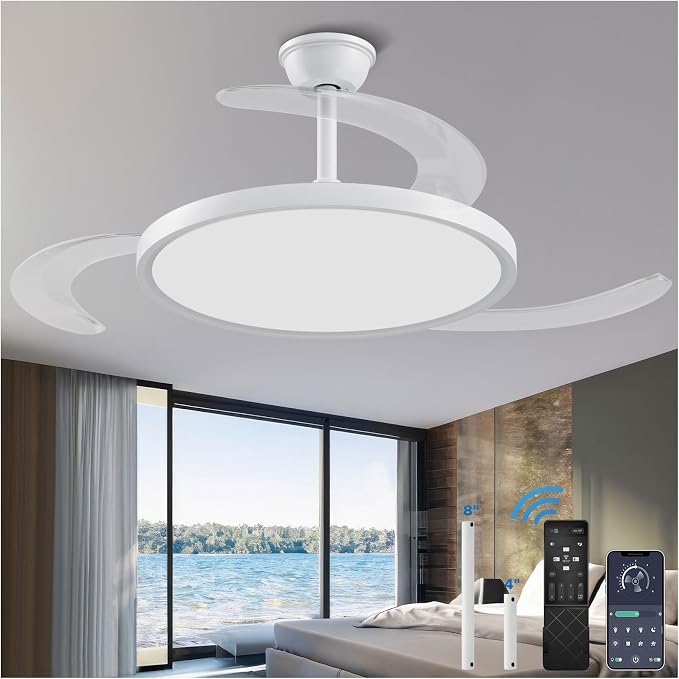 【Larger】48" Retractable Ceiling Fans with Lights, Fandelier Ceiling Fan with Light and Remote, Reversible, 3 CCT, Dimmable, Slim Modern Chandelier for Bedroom, Living Room, Dining Room (White)