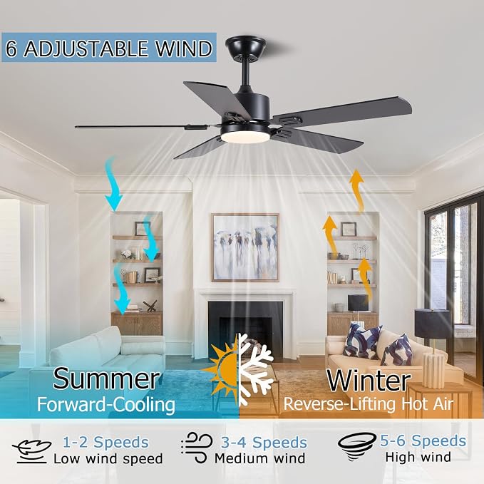 FUMLTP 46 inch Modern Ceiling Fans with Lights APP/Remote Control, Low Profile Reversible 6 Speeds Ceiling Fan Light for Indoor/Outdoor Patio Bedroom Living Room,Black