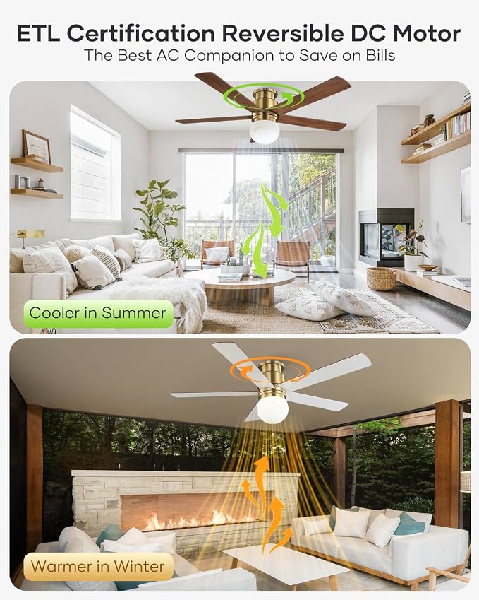 52 Inch Low Profile Ceiling Fan with Light, Flush Mount Brushed Gold Ceiling Fan Remote,ETL Listed, Indoor Outdoor Fan for Bedroom Living Room Patio, 3CCT, 6 Speeds