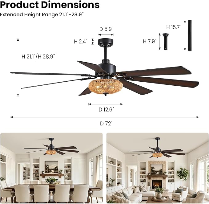 72 Inch Ceiling Fan with Light Indoor Rustic Farmhouse Matte Black 7 Blades APP and Remote Control, Large Boho Fandelier for Living Room Dining Room Bedroom