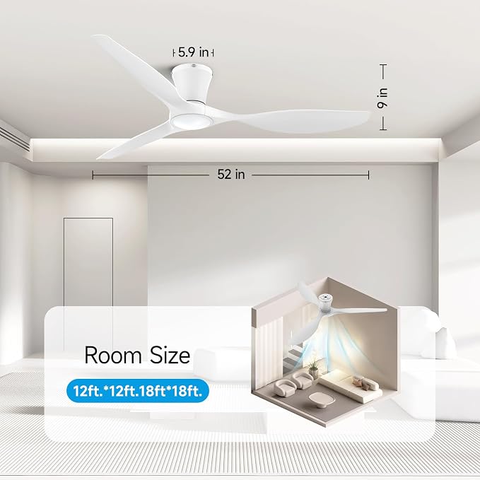 ocioc 52 inch Ceiling Fans with Lights and Remote, Dimmable Ceiling Fans with Reversible Quiet DC Motor, Flush Mount, 3CCT, White Ceiling Fan for Bedroom Living Room Indoor/Outdoor