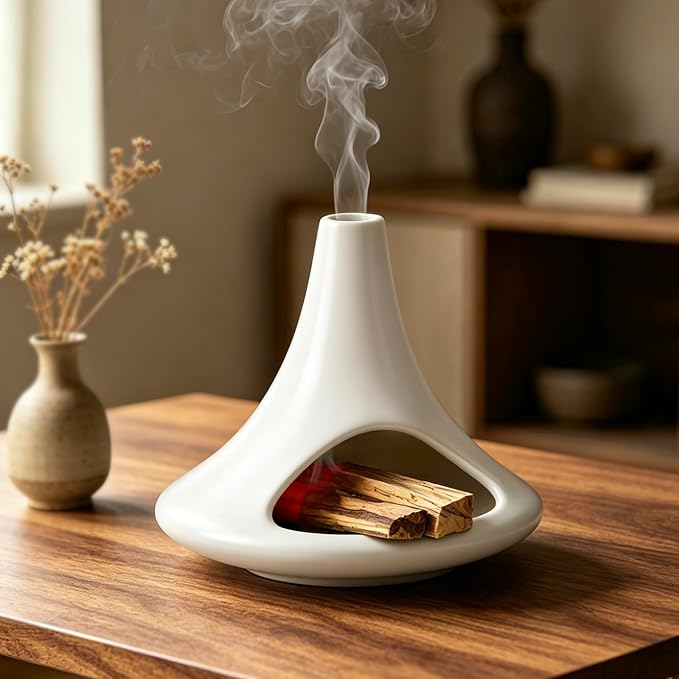 Palo Santo Holder Ceramic Burner, Mini Chiminea Smudge Bowl with Ash Catcher for Palo Santo Sticks, Incense Cones & Candles, Minimalist for Meditation, Yoga, Cleansing Ceremony, Handmade (Matte White)