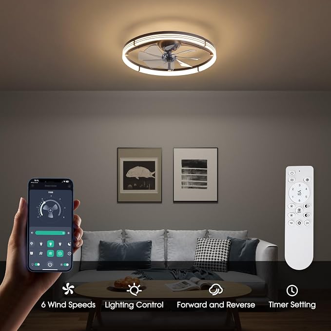 LUDOMIDE 24 Inch Ceiling Fans with Lights and Remote, Modern Low Profile Ceiling Fan, Dimmable LED Light, Quite Reversible DC Motor, 6 Wind Speeds Flush Mount Ceiling Fans for Bedroom Indoor
