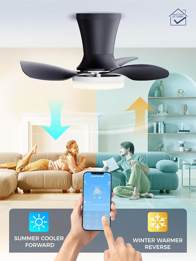 LANMEL Ceiling Fan with Light, Modern Flush Mount Low Profile with Remote Control, Reversible, 3CCT Dimmable, Quiet,LED for Bedroom, Living Room, Indoor/Outdoor Patio Use 22 Inch Silver & Black