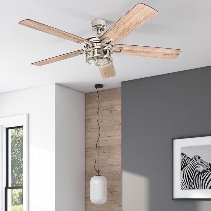 Honeywell Ceiling Fans Bonterra Modern 52 Inch Ceiling Fan with Light, Remote Control, LED Indoor Fan with 5 Blades, Light Brown Pine and Brown Chestnut Blade Finish Options, Brushed Nickel (50610-01)