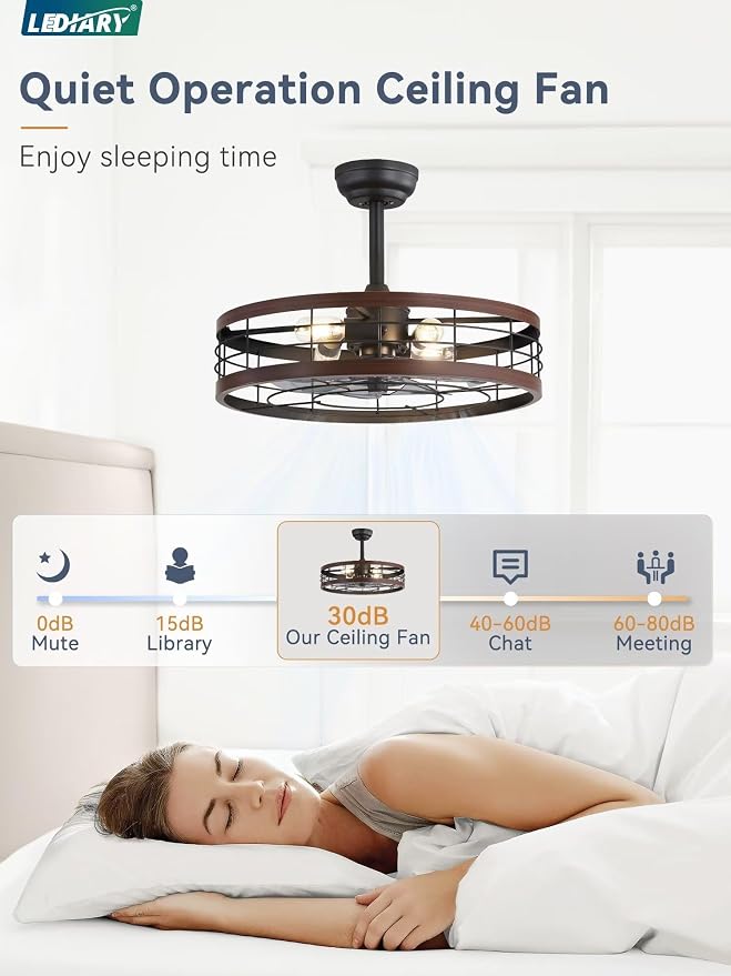 LEDIARY 22 inch Caged Ceiling Fan with Light, Fandelier Industrial Ceiling Fan with Remote, Farmhouse Fan Lights Ceiling Fixtures for Kitchen, Bedroom, Outdoor（6 Speed, Timing）-Walnut