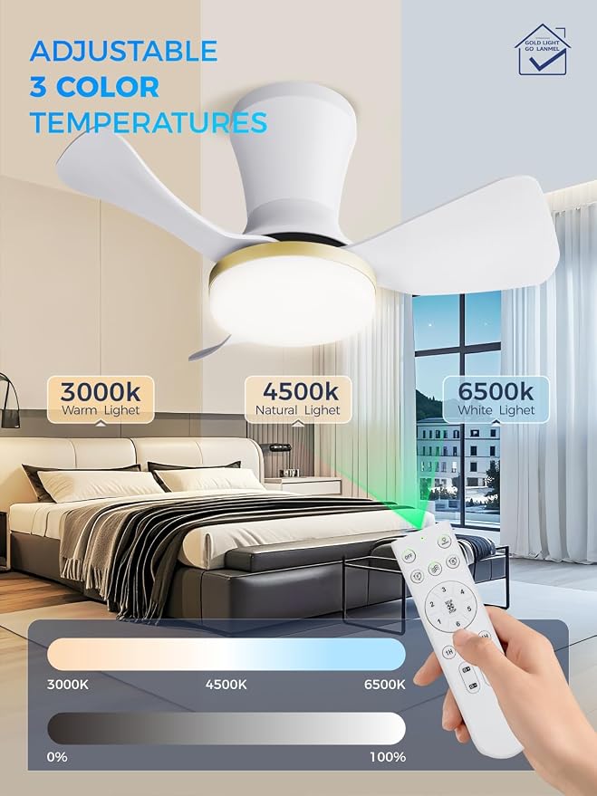 LANMEL 22 Inch Flush Mount Ceiling Fan with Light and Remote, Low Profile Modern Ceiling Fan, 6 Speed, Reversible, 3000k-6500k Dimmable LED, Quiet DC Motor for Indoor Outdoor, White Gold
