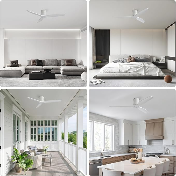 Sofucor 52" Smart Ceiling Fan No Light, Solid Wood Low Profile Ceiling Fan with Remote, Flush Mount Ceiling Fan Works with Alexa/Google/App 6-Speed Timing Reversible DC Motor for Living Room Bedroom