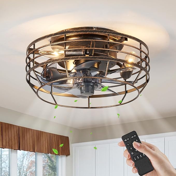 Farmhouse Caged Ceiling Fan with Light, Remote Control Flush Mount Fan Lights Ceiling Fixtures 12 In, 6 Speeds Bladeless Quiet Reversible Motor Indooor Lights for Living Room, Bedroom, Black and Gold
