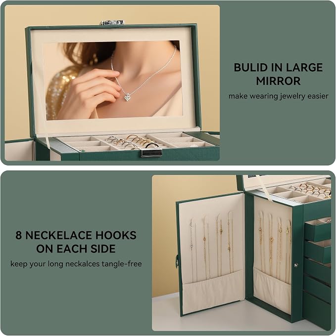 Frebeauty 6-Layer Jewelry Box for Women,Large Jewelry Organizer with Drawer | Faux Leather,Built-in Mirror,Spacious Jewelry Storage,16 Necklace Hooks,Organizing by Category for Rings Earrings Bracelet