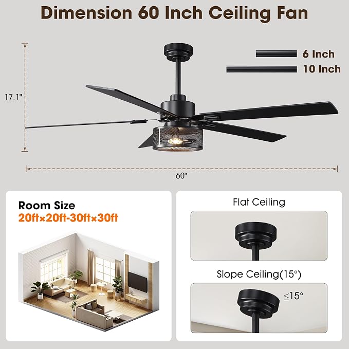 60 Inch Farmhouse Ceiling Fan with Lights and Remote/APP Control, Large Outdoor Ceiling Fan with 6 Speeds Reversible DC Motor, Rustic Ceiling Fan for Living Room Dining Room Patio