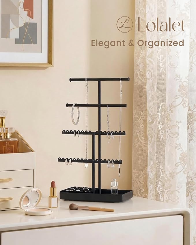 Lolalet 4-Tier Jewelry Organizer Stand, Metal Jewellery Holder, Dresser Display Rack for Necklace Earring Bracelets Rings, Gift for Women Girls -Black