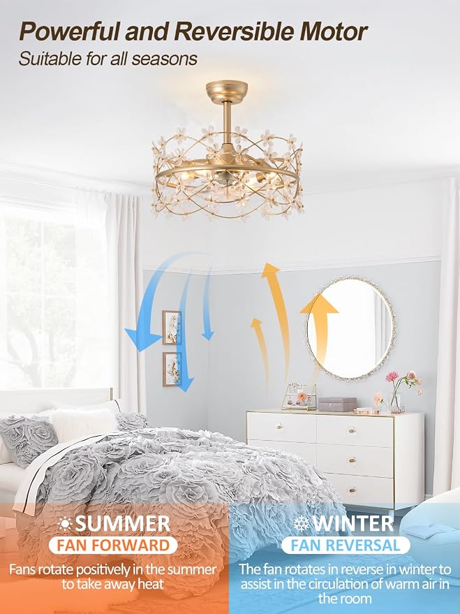 20" Gold Fandelier Ceiling Fans with Lights, Flower Chandelier Ceiling Fan | 6 Speeds, Reversible Motor, Timer, Remote,Vintage Gold Flower Caged, Quiet Fandelier For Girl's Bedroom, Nursery, Living Room
