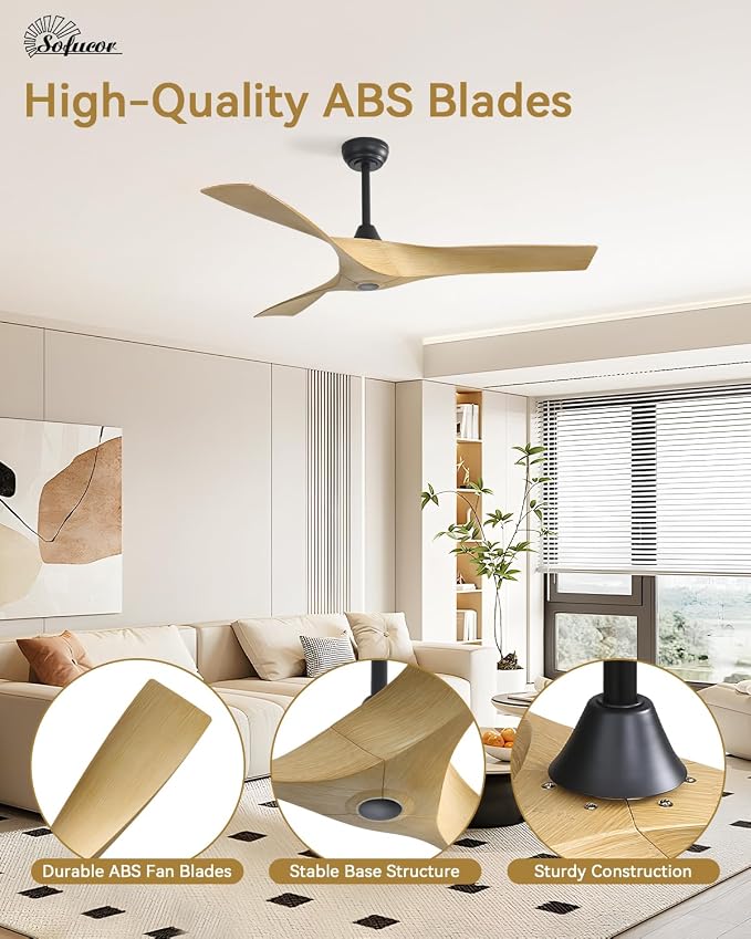 Sofucor 52 Inch Ceiling Fans No Lights, Modern Ceiling Fan with 3 Plastic Blades, 4500CFM 6-Speed 3-Timer Reversible DC Motor, for Bedroom Living Room Patios Office, ETL/FCC