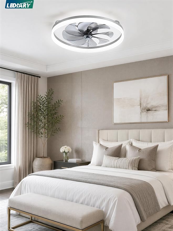 LEDIARY Ceiling Fans with Lights, 23 inch Low Profile Flush Mount Ceiling Fan, Dimmable LED, APP & Remote Control, Quiet Reversible DC Motor, 6 Speeds, Fandelier for Bedroom, Grey