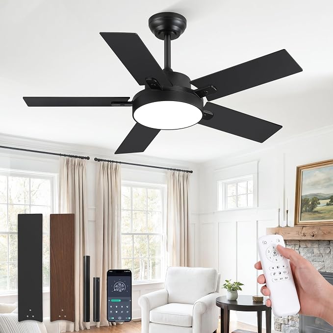 ZMISHIBO 42 Inch Ceiling Fans with Lights, Smart Remote/APP Control, Modern Ceiling Fan with 6 Speeds & 3CCT, Dimmable 30W LED, Quiet DC Motor, Noiseless for Living Room, Bedroom, Kitchen, Black