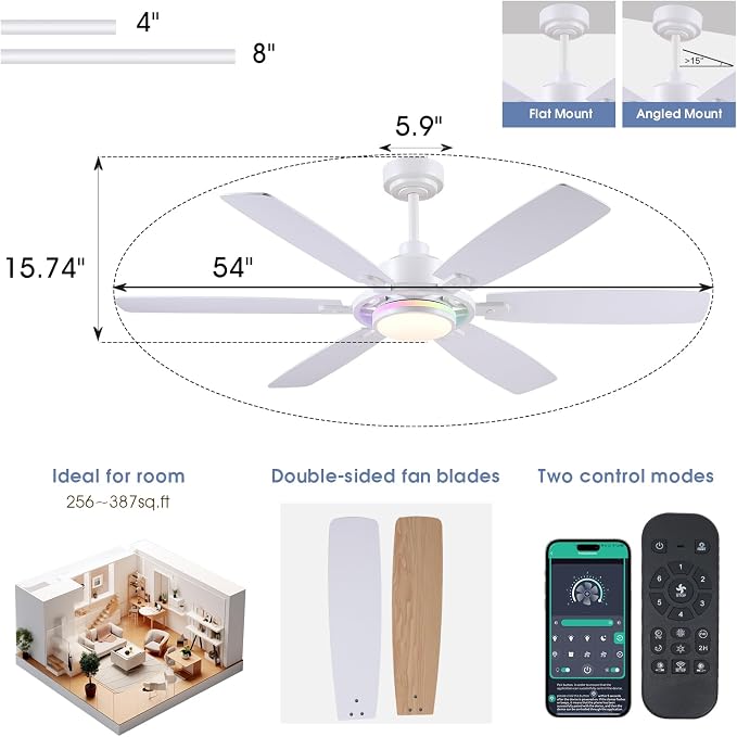 SHIHOT 54" Modern 6-Blade White RGB Ceiling Fans with Lights and Remote | 14 RGB Modes ,6 Wind Speeds, Reversible, Dimmable 3 CCT LED, 30W Quiet DC Motor,6 Double-Sided Blades,for Bedroom Kidsroom