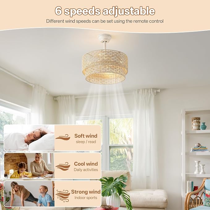 20" Boho Ceiling Fans with Lights, Rattan Fandelier Chandelier Ceiling Fan with Light Remote Control, Caged with 6 Speeds for Bedroom, Nursery