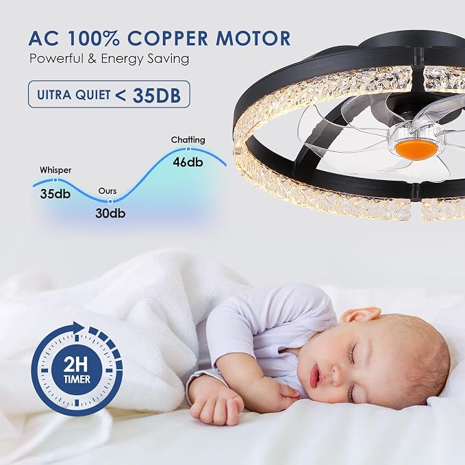 Mpayel 20" Ceiling Fans with Lights and Remote, Modern Low Profile Fandelier Ceiling Fan with Light, Quiet DC Motor, 6 Speeds, 3CCT Dimmable Bladeless Flush Mount LED Fan Light for Bedroom