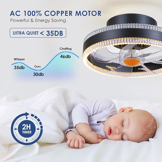 Mpayel Flush Mount Ceiling Fans with Lights - RGB Low Profile Ceiling Fan,13" Small Dimmable LED Bladeless Ceiling Fans, Modern Enclosed LED-RGB Ambient Light for Bedroom, Kids Room, Party