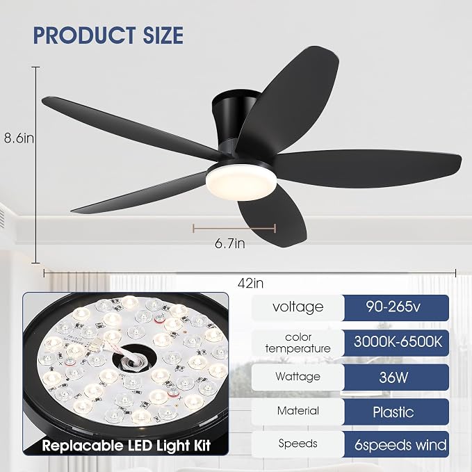 Surtime 42" Ceiling Fans with Lights-Low Profile Ceiling Fan with Light and Remote Control,Flush Mount,DC Reversible,LED Dimmable Blakc Ceiling Fans for Bedroom,Indoor/Outdoor Patio Use