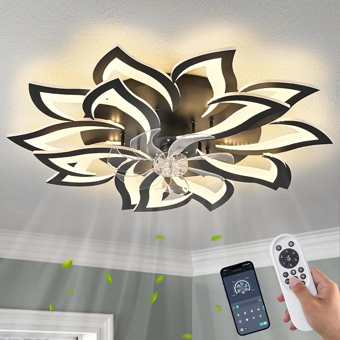 15Leaves-Black Flower Modern CeilingFans with Lights, Low Profile Ceiling Fan with Remote for Bedroom, Flush Mount Ceiling Fan with LED Dimmable Light,6-Speeds, Timing CeilingFan Light