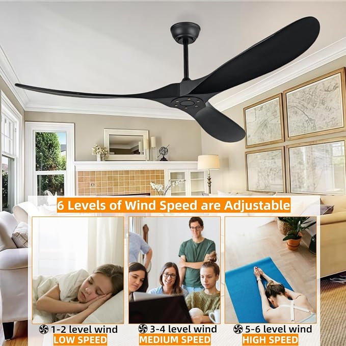 72 Inch Outdoor Ceiling Fan Without Light with Remote Control, Large Ceiling Fan Without Light, 3 Solid Wood Leaf Ceiling Fans, Suitable for Terrace, Living Room, Farmhouse(Black, 72 inch)