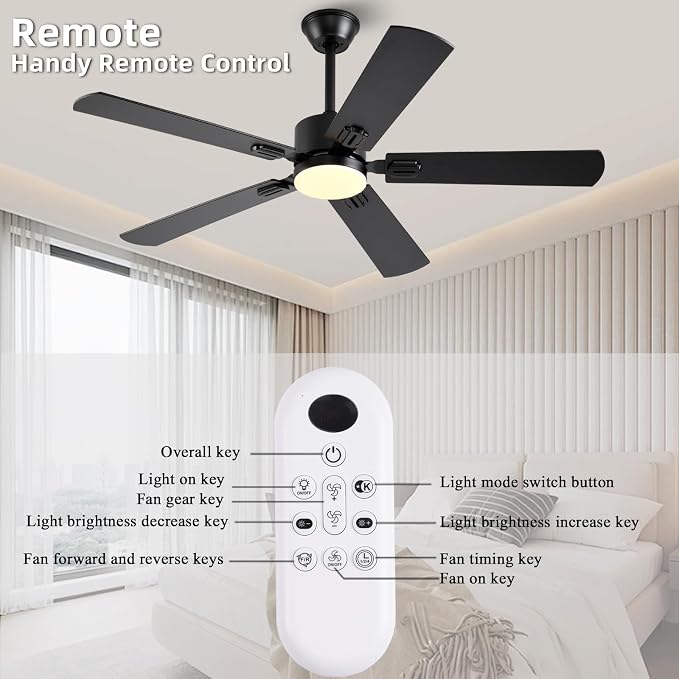 FUMLTP 56 inch Black Ceiling Fans with Lights and Remote/App Control, DC Reversible Motor, Noiseless, Dimmable, 6 Speeds Low Profile Modern Ceiling Fan for Livingroom, Indoor/Outdoor Use