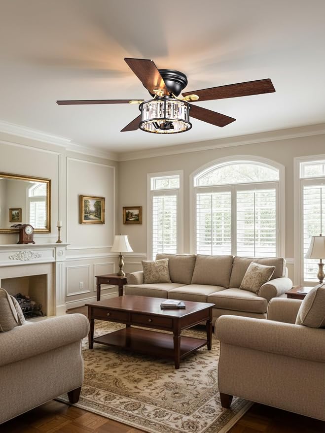 52 inch Flush Mount Ceiling Fan with Light Remote Control | Low Profile Crystal Chandelier Fandeliers 5 Reversible Blades Indoor Farmhouse Ceiling Fans for Bedroom Living Room Kitchen
