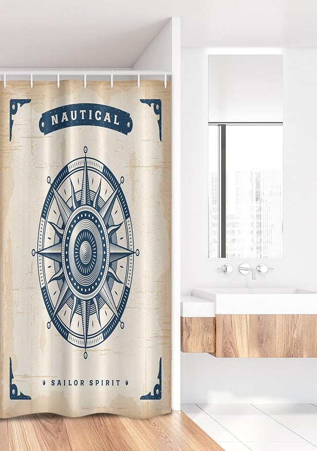 Ambesonne Compass Stall Shower Curtain, Compass Illustration with Lettering Nautical Ocean Adventure Themed Print, Fabric Bathroom Decor Set with Hooks, 36" W x 72" L, Night Blue