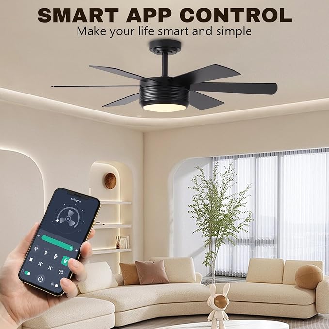 SHOWDI Black Ceiling Fans with Lights and Remote, Quick Installation, 42 in | 2 Blade Color, Metal Material, App Remote Control, Timer, Reversible, 3CCT, Dimmable for Bedroom, Living room, Indoor