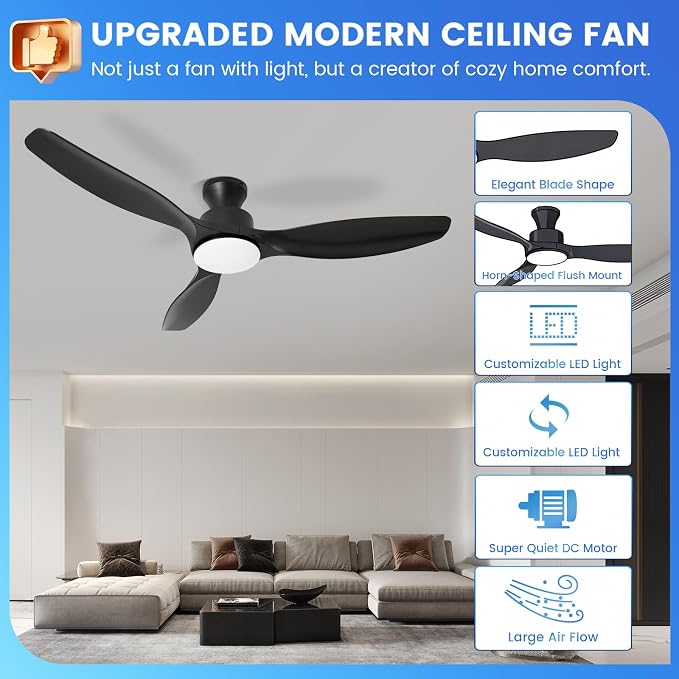 52" Ceiling Fan with Light and Remote, Flush Mount Ceiling Fan with 3 Blades, Low Profile Fan, 6 Speed, Queit DC Motor, Black Fan for Bedroom/Indoor/Outdoor/Living Room