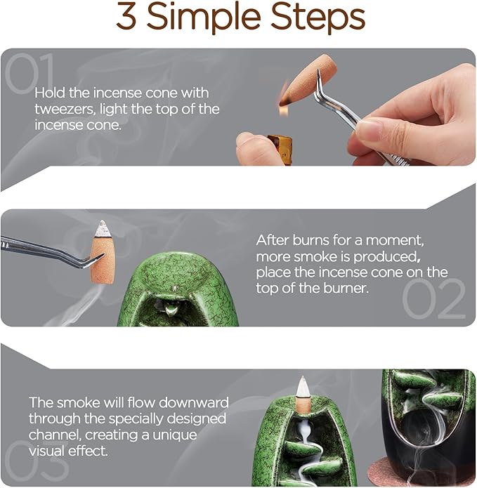 SPACEKEEPER Ceramic Backflow Incense Holder Incense Burner Waterfall with 120 Backflow Incense Cones & 30 Incense Stick, Aromatherapy Ornament Home Decor, Green
