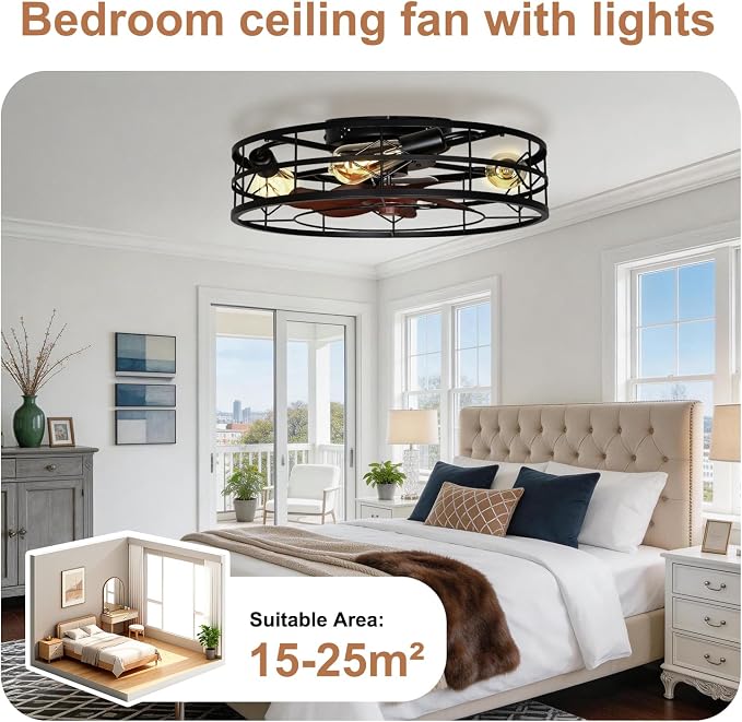 TCL 24 Inch Caged Ceiling Fans with Lights and Remote, Low Profile Flush Mount Fandelier, Rustic Farmhouse Style Ceiling Fans for Bedroom, Kitchen,Outdoor