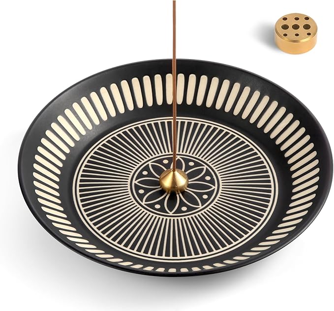 Incense Holder for Sticks, Palo Santo, Sage, 6.7" Incense Stick Holder with 9 Incense Holes, Ceramic Incense Holder with Ash Catcher for Meditation Yoga Relaxation Home Decor (Black)
