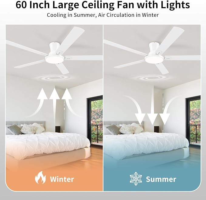 60 Inch White Ceiling Fans with Lights and Remote, Flush Mount Low Profile 6 Blades Ceiling Fan with 10 Inch Lighting Fixture, Quiet Reversible DC Motor for Living Room, Bedroom and Patio