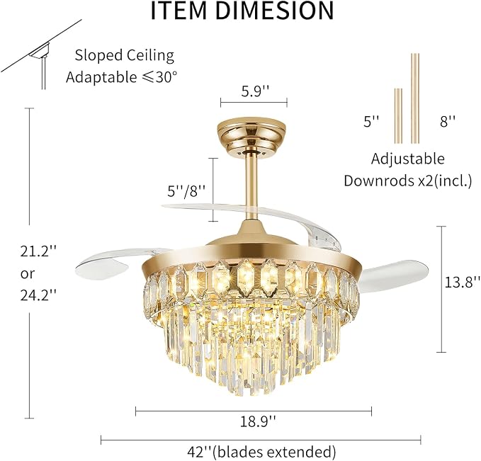 FIDGRA 42 Inch Fandelier Ceiling Fan with Light, Retractable Ceiling Fan with Lights Chandelier Fan for Bedroom, Living Room, 3 Color Temperature, 6 Wind Speed-Gold