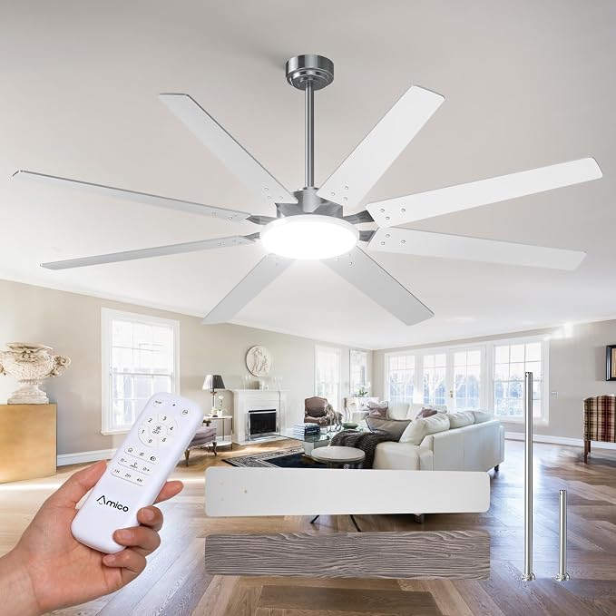 Amico 72 inch Brushed Nickel Ceiling Fan with Light, Large Modern Ceiling Fans with Remote, Reversible DC Motor, Dimmable 3CCT LED, Quiet Indoor/Outdoor for Living Room, Bedroom, Patio
