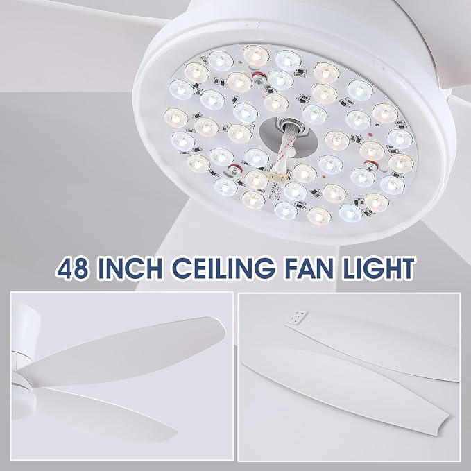 Surtime 48" Ceiling Fans with Lights-Low Profile Ceiling Fan with Light and Remote/APP Control,Flush Mount,DC Reversible,LED Dimmable Modern Ceiling Fans for Bedroom,Indoor/Outdoor Patio Use(White)