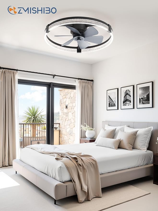 ZMISHIBO Low Profile Ceiling Fans with Lights, Flush Mount Modern Ceiling Fan and Remote Control, 23" LED Ceiling Fans, Stepless Dimmable 3 Colors and 6 Speeds